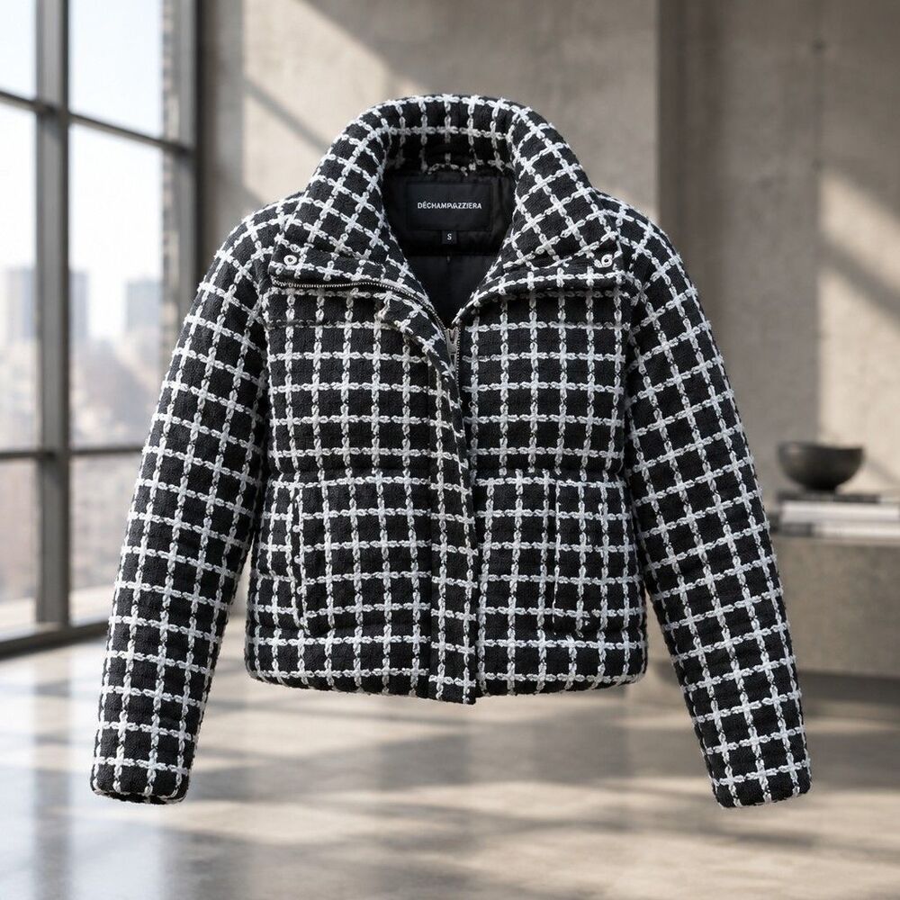 BCBGMaxAzria Tweed Puffer Jacket Women's S Black White Windowpane